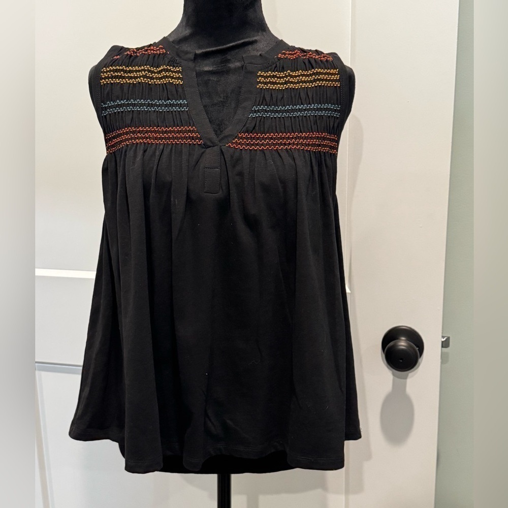 THML Black Tank Top with Multicolor Embroidered Yoke